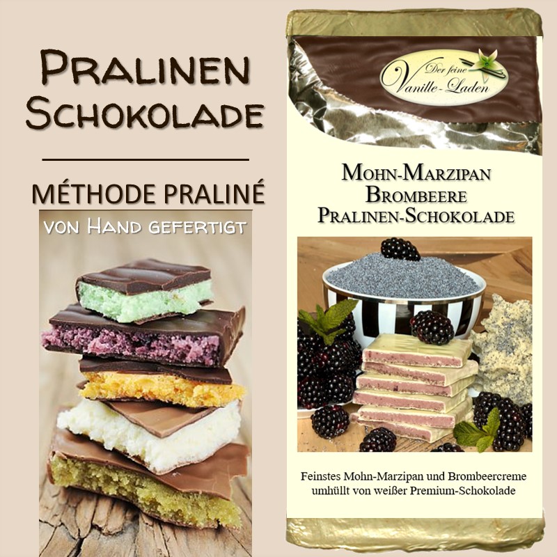 Mohn-Marzipan-Brombeer Pralinen-Schokolade - Weisse Schokolade